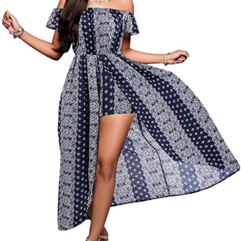 BiuBiu Romper + Maxi Romper Off shoulder Navy White Womens Size Medium